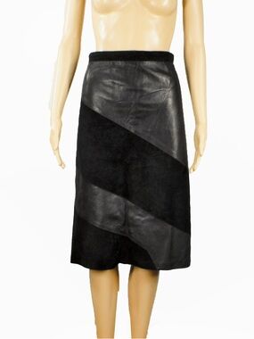 Vintage 90s 80s Italian Black Suede Leather Patchwork Midi Skirt